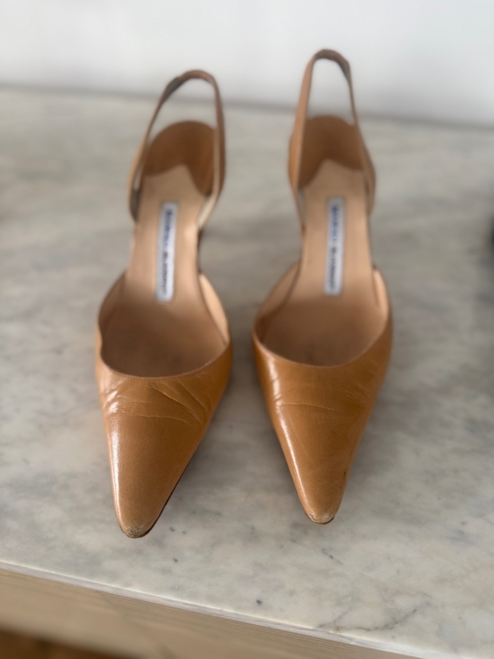 Manolo Blanik Carolyne Kid Mid High sling back heel